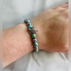 Handmade Ocean Blue Imperial Jasper & Pearl Bracelet with Silver Turtle Charm